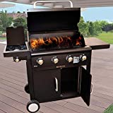 BAKAJI Barbacoa a Gas Profesional con Sistema de Cocción de Piedra de Lava Tapa de Cocina Lateral de Acero Esmaltado con Termómetro Integrado 2 Ruedas 2 Puertas para Exterior Jardín Terraza